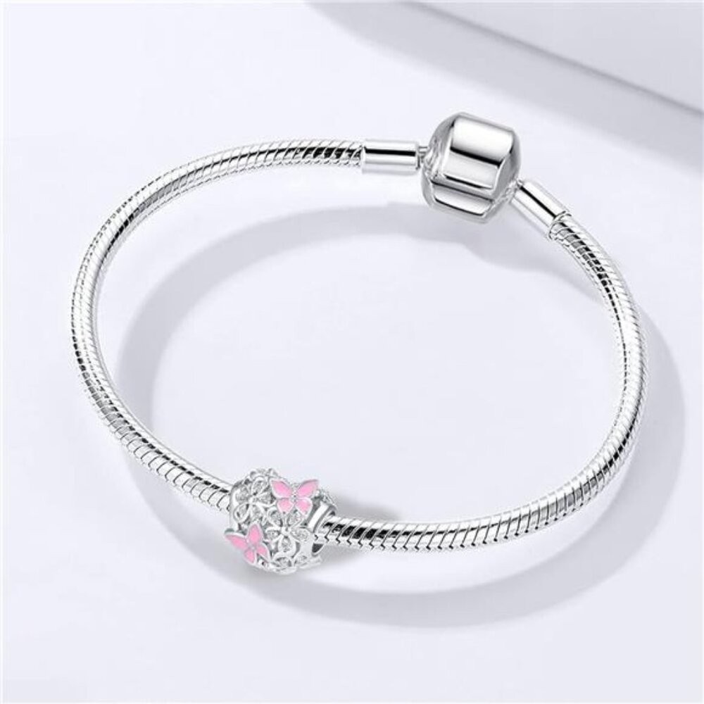 Butterfly Flower Garden Charm Magnolia Bloom Crystal Opennwork Enamel Bead for - Picture 2 of 5